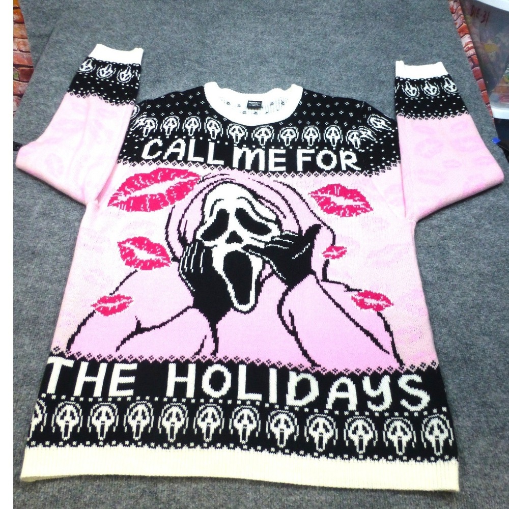 Ghost Face Scream Call Me For The Holidays Pink Ugly Christmas Sweater XL